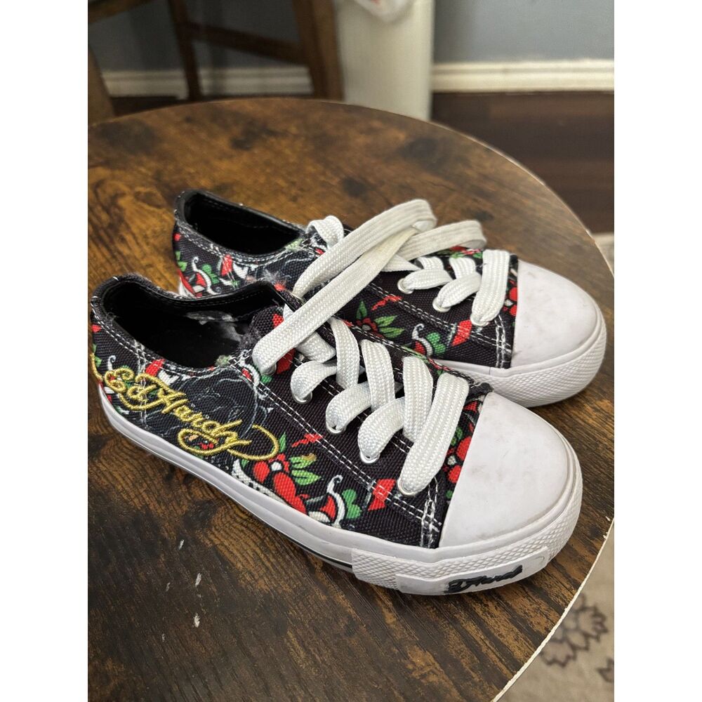 Ed Hardy Kids Black Floral Cherry Canvas Sneakers 12 Tattoo Y2K Low Top Shoes